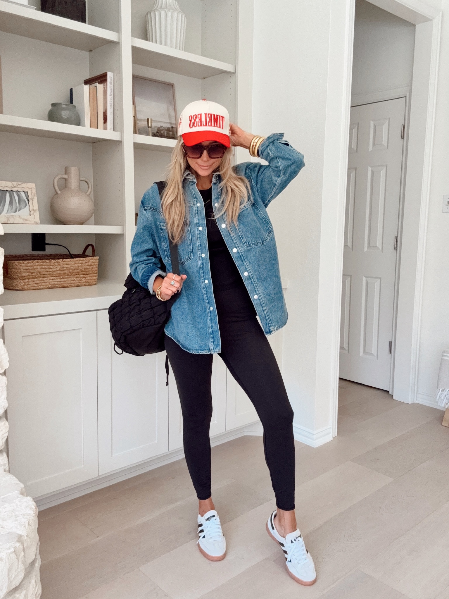 The viral trucker hat to add a pop of red to any outfit. 📍🙌🏼✨🔗 

An easy everyday fall look-/ leggings with an oversized denim shirt paired with some of my fave Adidas. 

#LTKStyleTip #LTKShoeCrush