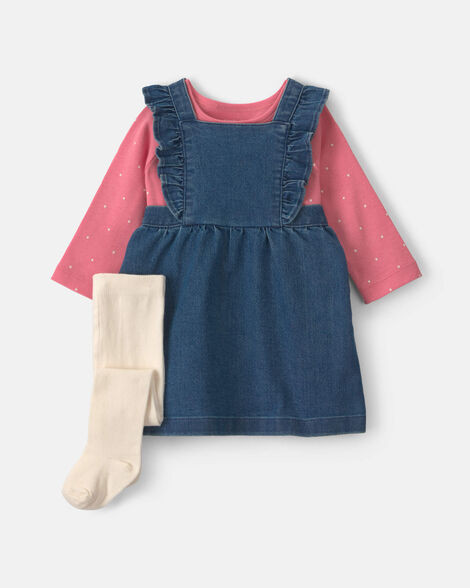 Baby Girl 3-Piece Polka Dot Chambray Long-Sleeve Dress Set - Pink/Indigo | Carter's Inc