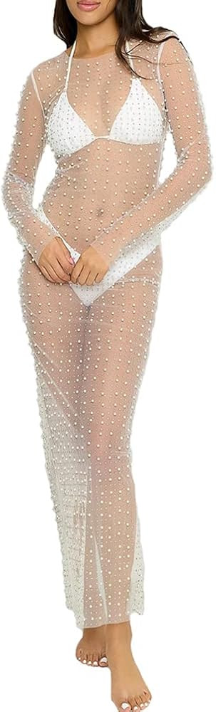 Naileksi Women Sexy Pearl Mesh Swimwear Cover Up See Through Long Sleeve Sheer Rhinestone Beads B... | Amazon (US)