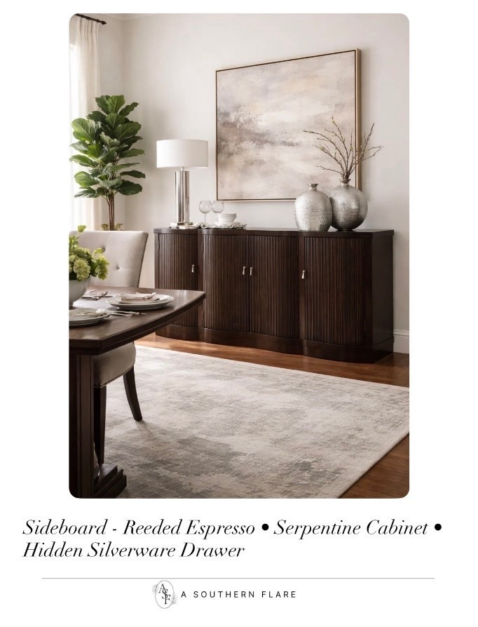 Sideboard - Reeded Espresso • Serpentine Cabinet • Hidden Silverware
Drawer 

Hight/Low home decor, affordable home finds, new home, home styling, interior design, home essentials, designer look for less, luxury for less, home inspiration, neutral decor, elevated living, modern home, decorating ideas, curated home, beautiful home, Amazon home finds, finishing touches, house to home, home favorites