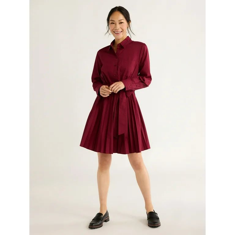 Free Assembly Women’s Pleated Mini Shirtdress with Long Sleeves, Size XS-XXL | Walmart (US)