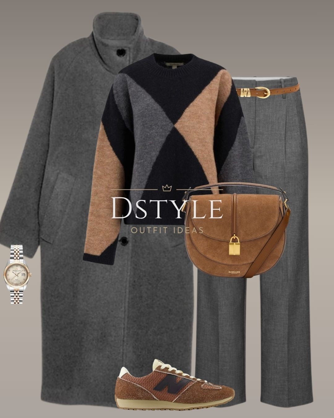 This gorgeous diamond/argyle knit sweater in brown, black, and gray is the centerpiece, perfectly balanced by the sophisticated structure of the wide-leg tailored gray pants. The long wool coat and chic suede saddle bag keep the look elevated. It's the perfect way to make a sophisticated statement while staying incredibly warm. Head-to-toe links are available! 👇

#statementsweater #argyle #diamondknit #tailoredtrousers #graypants #woolcoat #chicstyle #fallstyle #winteroutfit #ltkfashion #ltkstyletip #neutraloutfit #ootd 

 

#LTKootd #LTKWorkwear