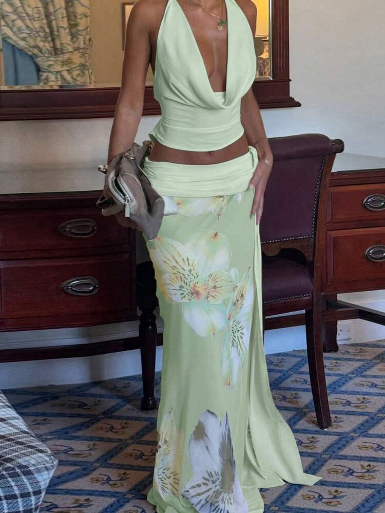 Women Lace Up Backless Halter Swing Collar Crop Top And Floral Print Side Slit Mesh Long Skirt Two Pieces Set Elegant Sexy Matching Outfit Summer | SHEIN