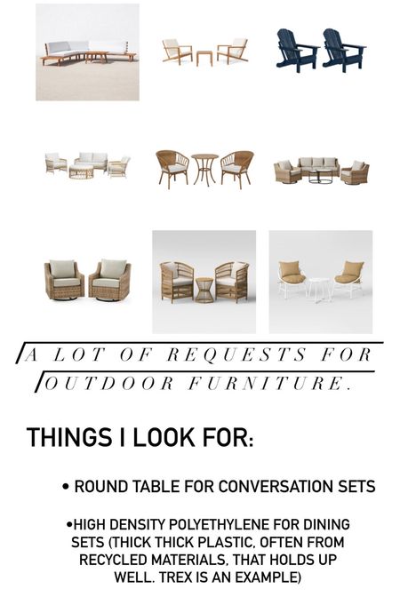 A round up of (mostly on sale) outdoor furniture. The better homes and garden line from Walmart is always impressive. I’m partial to anything out of poly wood bc it lasts forever and is often from recycled materials and also partial to cushions that can be pressure washed. #conversationset #ourdoorfurniture #outdoordining #longlasting 

#LTKSeasonal #LTKsalealert
