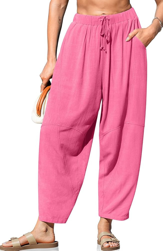 TARSE Women's Linen Harem Pants Casual Loose Fit Wide Leg Cropped Lightweight Drawstring Elastic ... | Amazon (US)