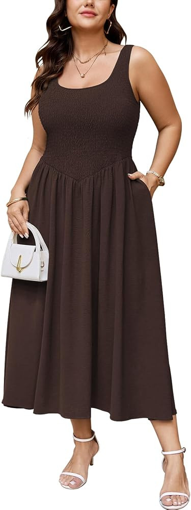SCOMCHIC Women's Plus Size Summer Tank Dress Sleeveless Smocked A Line Flowy Maxi Dresses | Amazon (US)