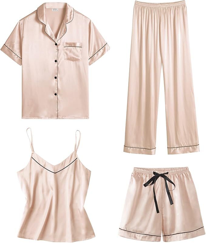 SWOMOG Womens 4pcs Pajamas Sets Short Sleeve Camisole with Button Down Shirt Pjs Silk Satin Sleep... | Amazon (US)