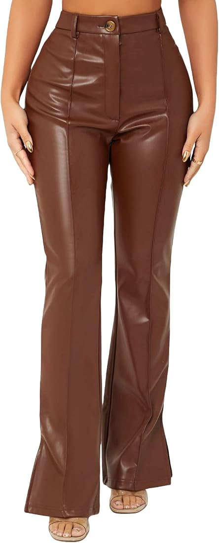 MakeMeChic Women's Faux Leather Pants Straight Wide Leg Leather Pants | Amazon (US)