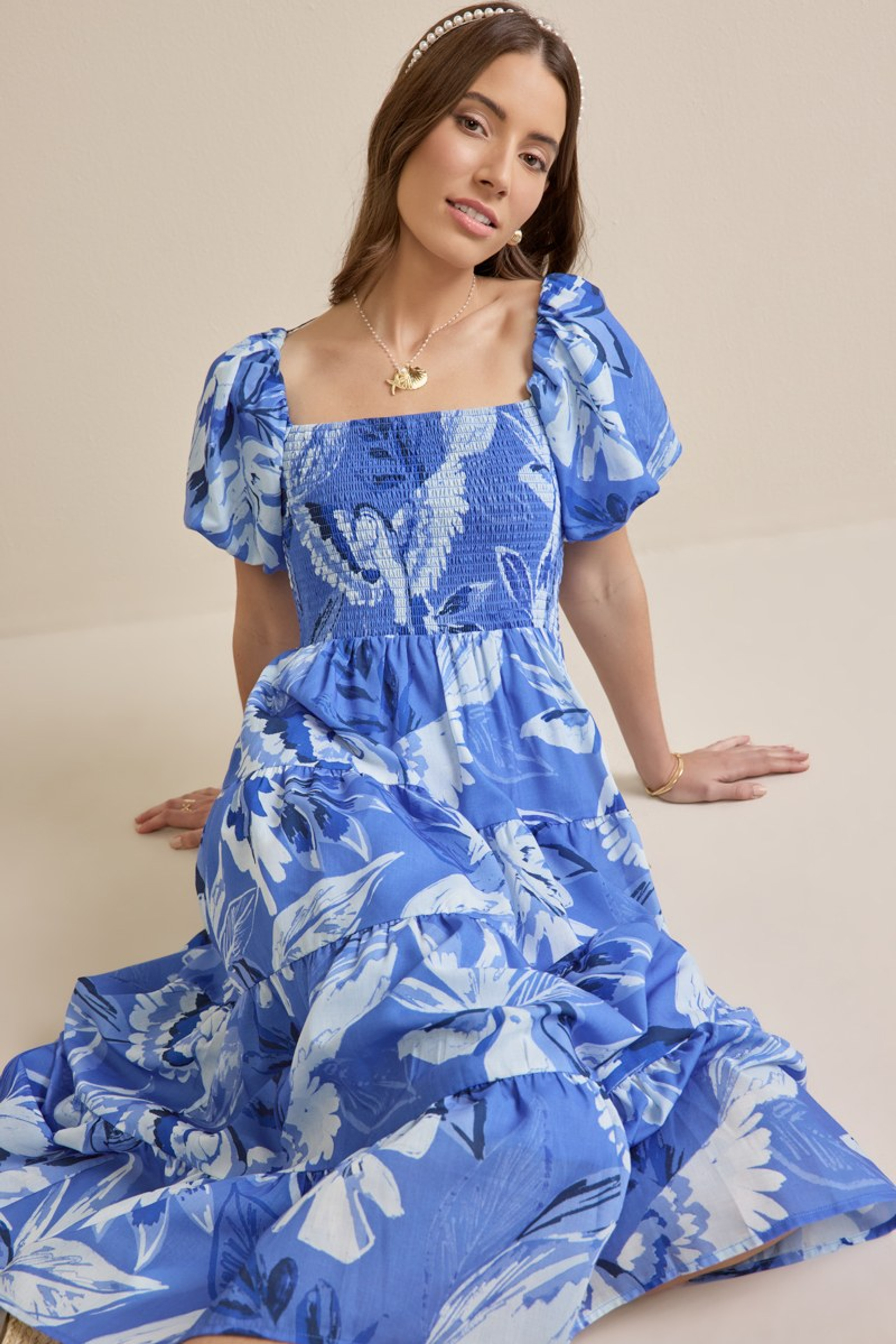 Eliza Puff Sleeve Floral Midi Dress | Francesca's