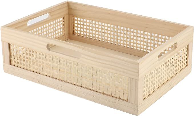 YRMT Wooden Baskets Shallow Wood Storage Basket Crate with Handles Decorative Storage Bins Organi... | Amazon (US)