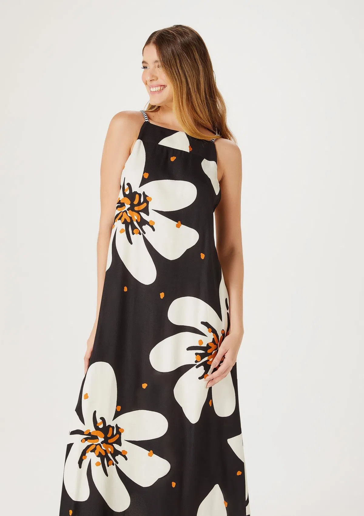 Vestido Longo Estampado Alças Finas - Preto | Hering (BR)