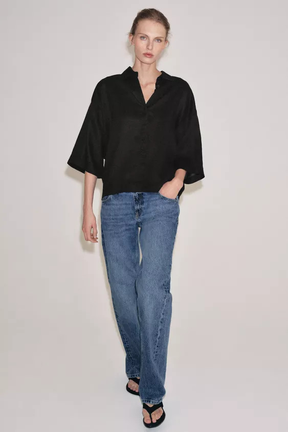 ZARA WOMAN COLLECTIONRoomy shirt made with lyocell and ramie yarn. Lapel collar and below-the-elb... | Zara US