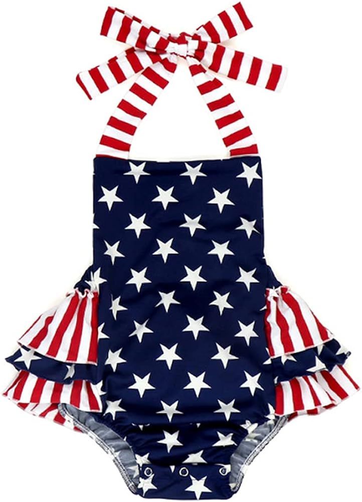 Xfglck Baby Girls 4th of July Outfits Stars Stripe Print Halter Strap Romper Ruffled Bodysuit One... | Amazon (US)