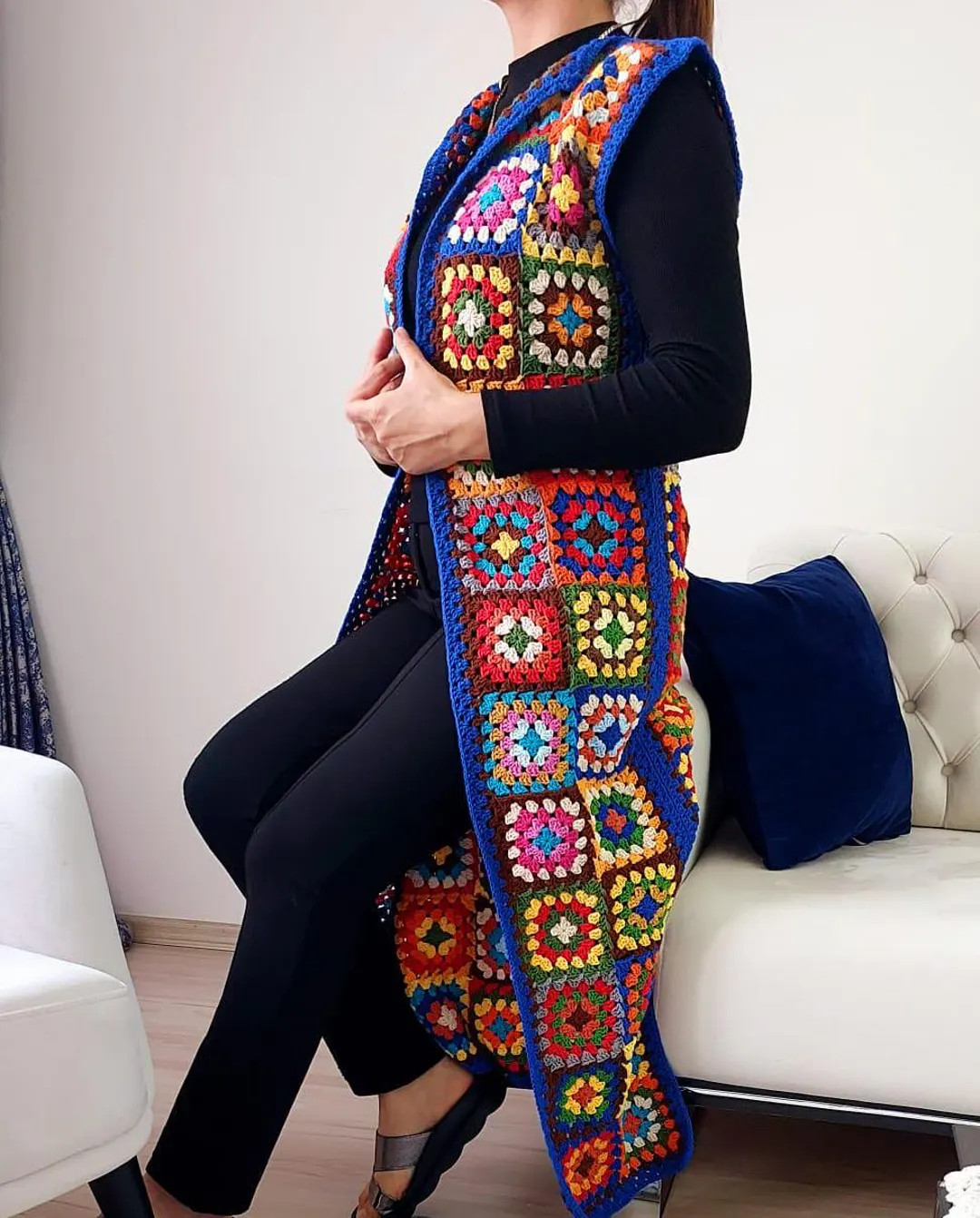 Crochet Afghan Square Vest: Colorful Knitted Long Waistcoat - Etsy | Etsy (US)