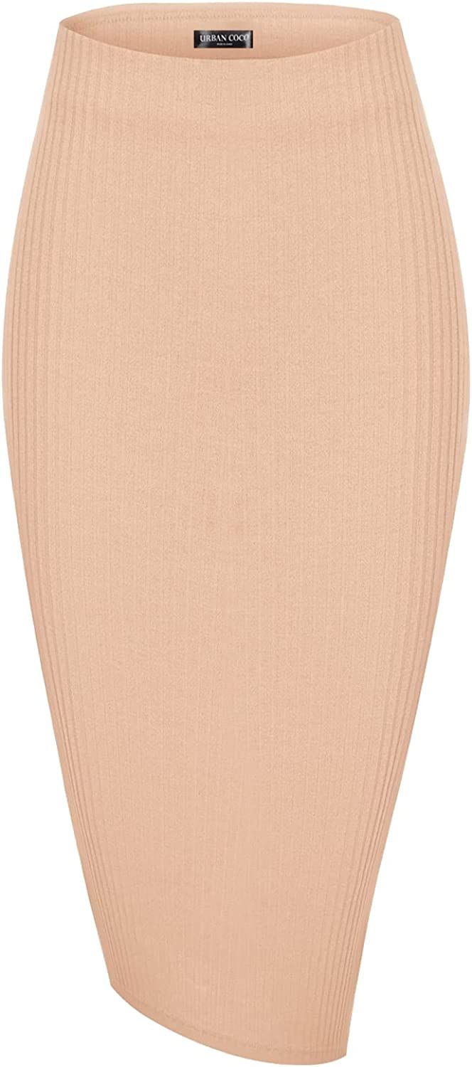 Urban CoCo Elastic High Waist Knee Length Pencil Skirt Ribbed Knit Basic Tube Midi Skirt | Amazon (US)