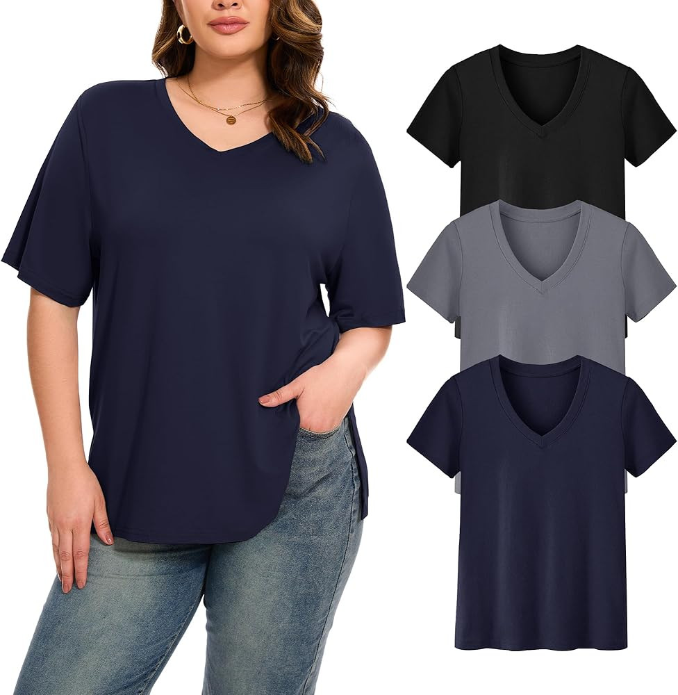 HLTPRO 3 Pack Oversized Tshirts for Women V Neck Short Sleeve Summer Tops Casual Workout Tees 202... | Amazon (US)