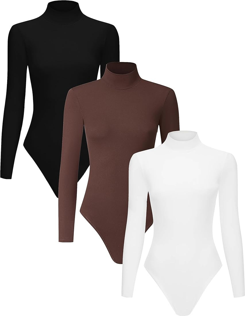 Chongbaijia 3 Piece Women's Mock Turtle Neck Long Sleeve Bodysuit T Shirts Body Suit Tops | Amazon (US)