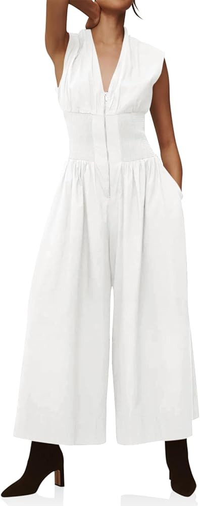Cicy Bell Womens V Neck Casual Dressy Jumpsuits Smocked Zip Up Sleeveless Wide Leg Jumpsuit Summe... | Amazon (US)