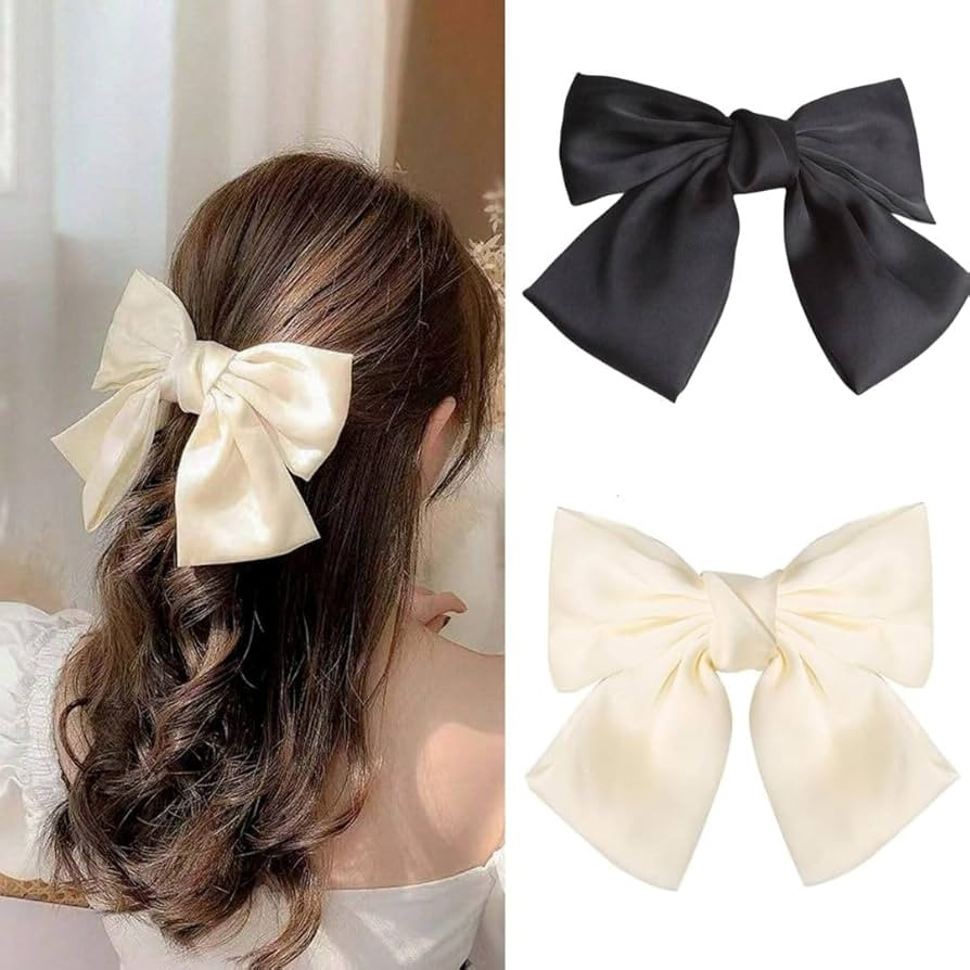 Bows for Hair - 2pcs Hair Bows for Women Black Hair Ribbons for Girls (Cream/Black) | Amazon (UK)