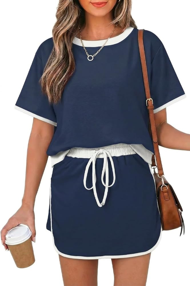 Womens 2 Piece Skort Set 2026 Color Block Short Sleeve Top Drawstring Skort Matching Sets Casual ... | Amazon (US)
