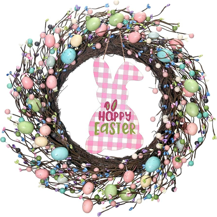 Easter Egg Wreath for Front Door, 20 inch Farmhouse Easter Wreath with Colorful Pastel Eggs, Wood... | Amazon (US)