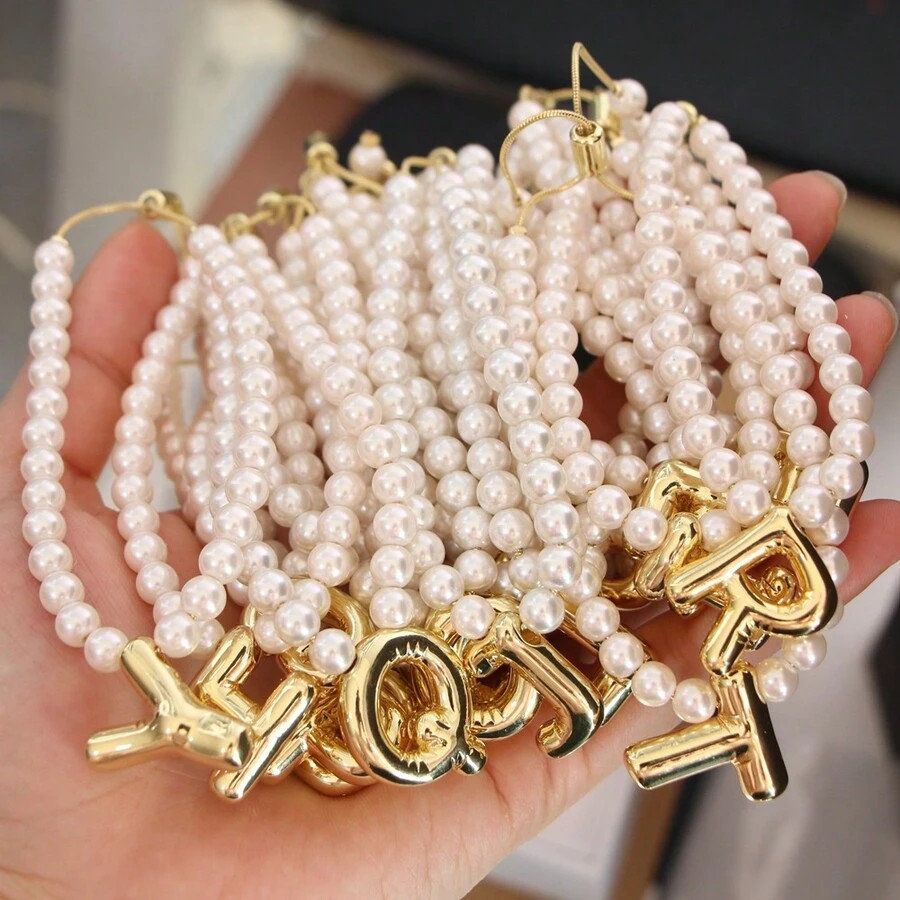1pc Vintage Balloon Initial Letter Women Bracelet Faux Pearl Shell Beads Adjustable Chain Bracele... | SHEIN