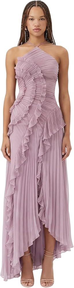 Pleated Lotus Edge Maxi Dress for Women, Backless Lace-Up Halter Evening Dress, Slim Fit Prom Dre... | Amazon (US)