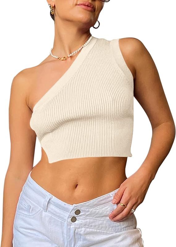 SAFRISIOR Women One Shoulder Backless Knitted Crop Top Sexy Sleeveless Strappy Open Back Cami Tan... | Amazon (US)