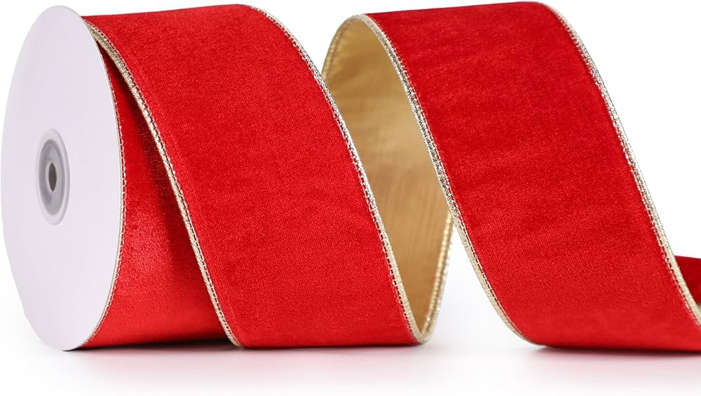 Red Velvet Ribbon Wired 2.5" x 10 Yards Scarlet Red Christmas Ribbon with Gold Back Red Gold Wire... | Amazon (US)