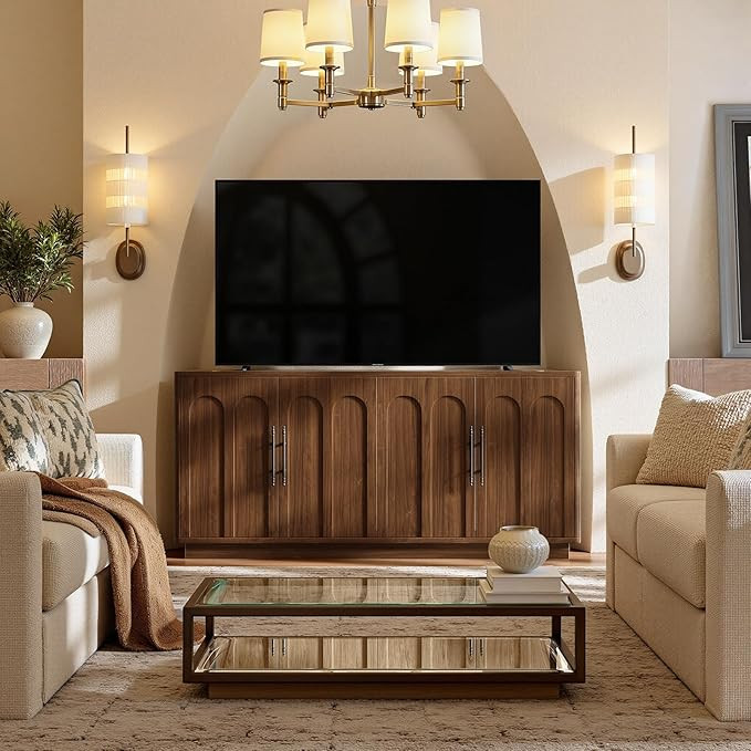 Evermagin 67" Arched Walnut Buffet Cabinet with Storage, Large Credenza with 4 Doors, Wood Mid Ce... | Amazon (US)