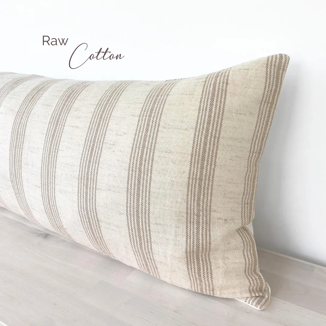 Modern Farmhouse Extra Long Lumbar Pillow Cover, Woven Textured, Ivory and Tan Woven Natural Cott... | Etsy (US)