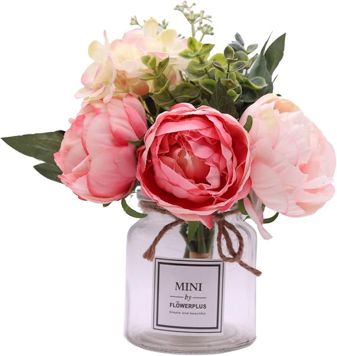 Artificial Peony Flowers with Vase,Fake Silk Pink Peony Bouquet with Glass Jar Home Rope for Wedd... | Amazon (US)
