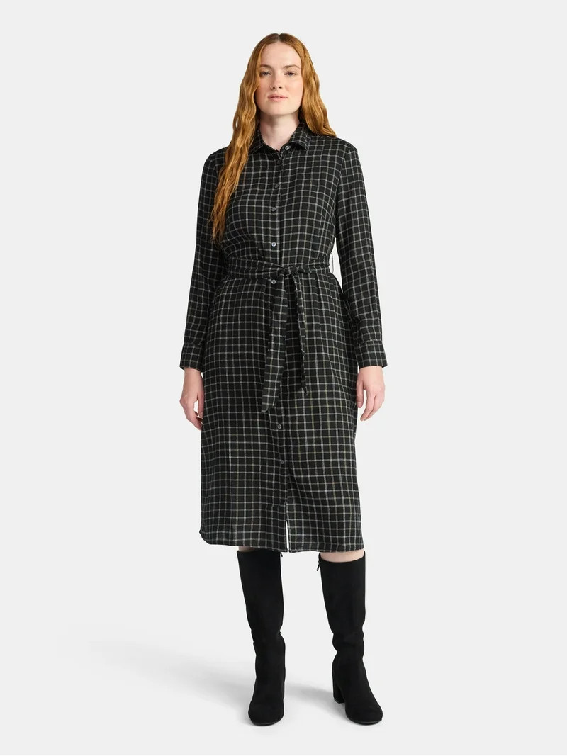 Time and Tru Women's Plaid Shirt Dress with Long Sleeves, Sizes XS-XXXL | Walmart (US)