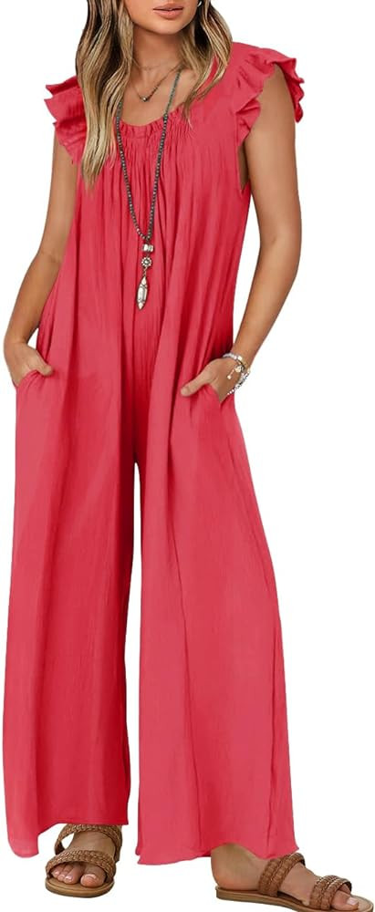 ZESICA Women's Summer Loose Jumpsuit Casual V Neck Sleeveless Oversized Wide Leg Pant Overalls Ro... | Amazon (US)