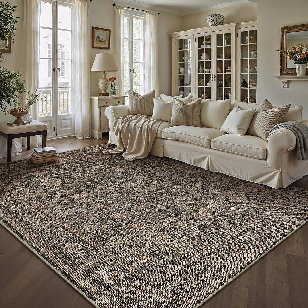 6x9 Washable Rugs Brown Large Area Rug Indoor Retro Rug Thin Low Pile Carpet Lightweight Throw Ru... | Amazon (US)