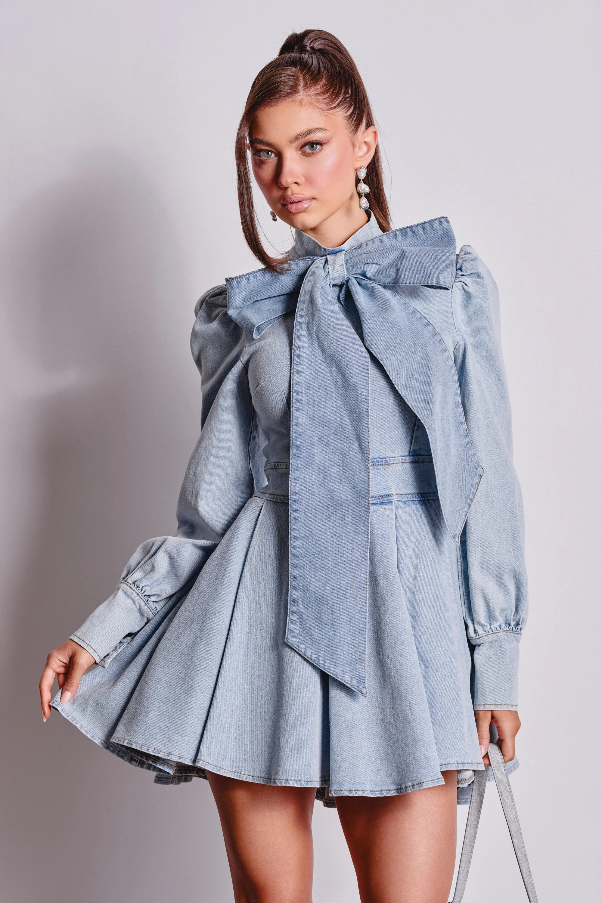 CAROLINA DENIM BOW MINI DRESS | AKIRA