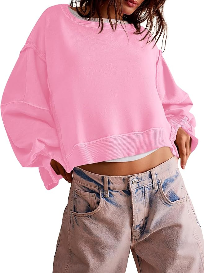 Zwurew Womens Casual Sweatshirt Long Sleeve Tops Crewneck Loose Fit Tee Pullover Crop Tshirt Side... | Amazon (US)