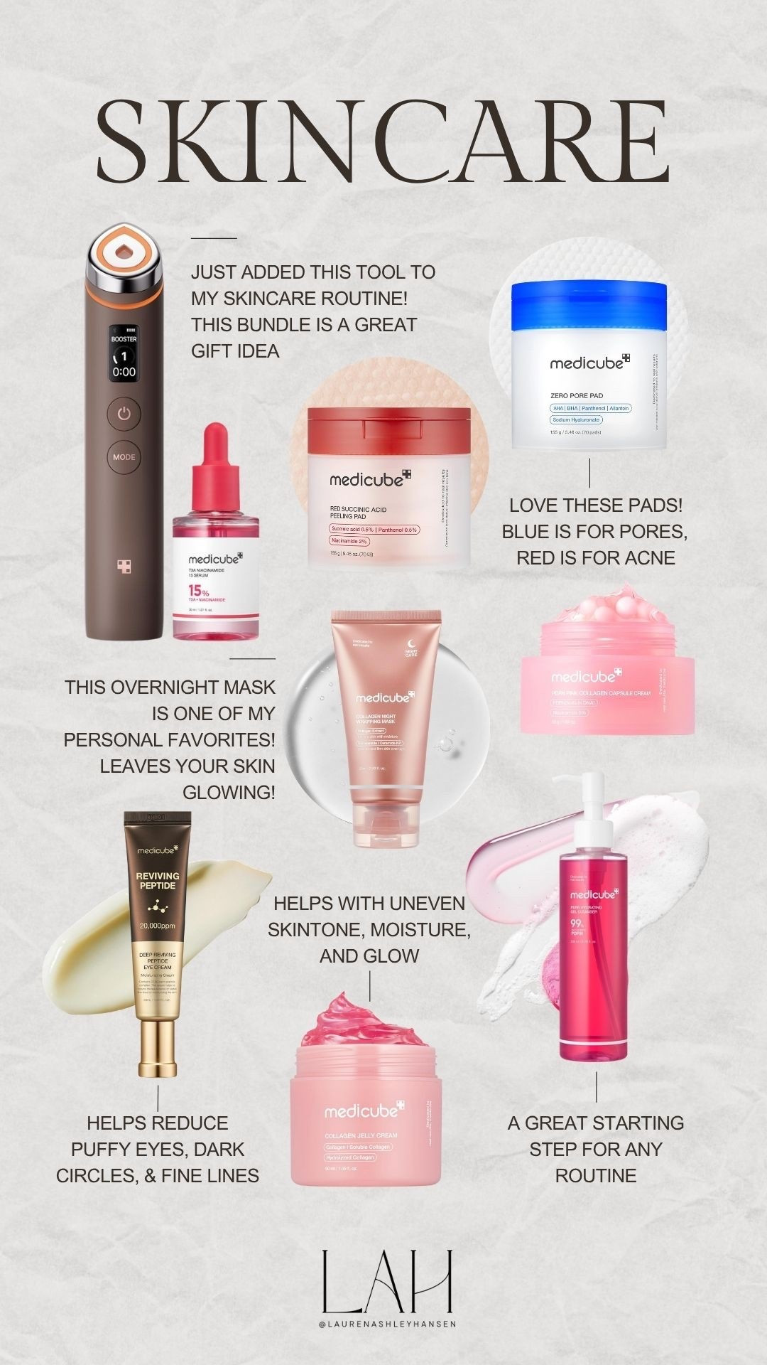 Medicube has become my go-to for skincare products! These Korean formulated products are fairly affordable and provide real results. Smaller pores, hydrated and glowing skin, lessening of wrinkles and dark spots, and so much more! They make for great gift sets too! 

#LTKGiftGuide #LTKBeauty