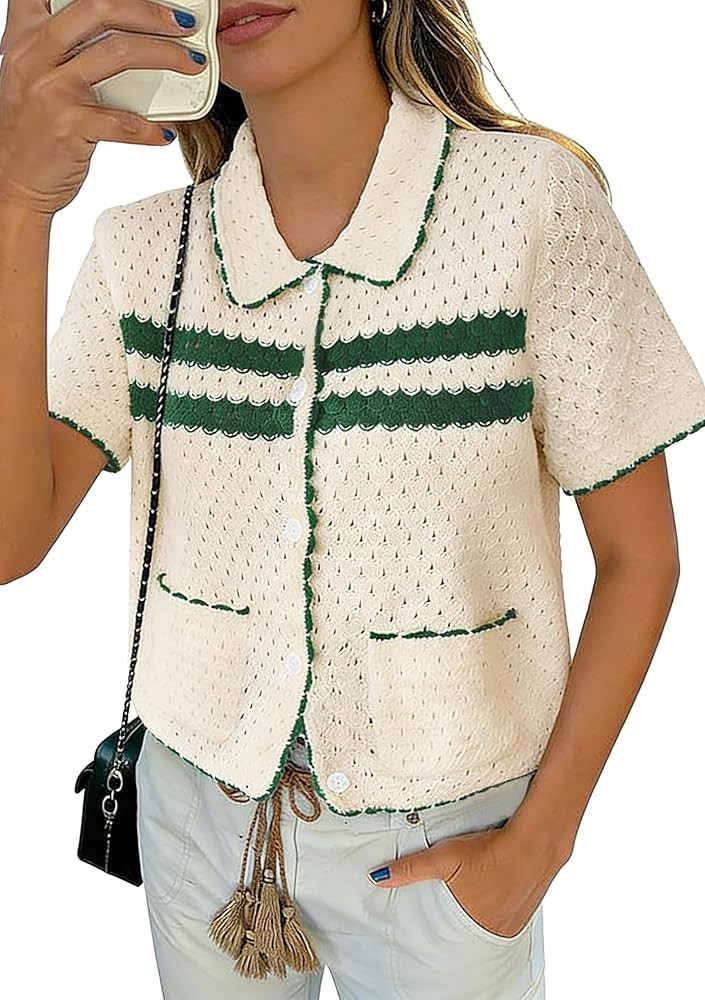 Yousify Womens Casual Summer Short Sleeve Sweaters Button Down Crochet Knit Tops 2026 Loose Cute ... | Amazon (US)