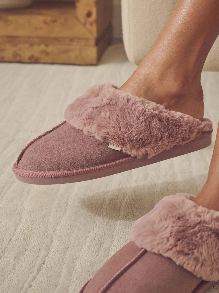 Mink Pink Faux Fur Lined Suede Mule Slippers | Next US