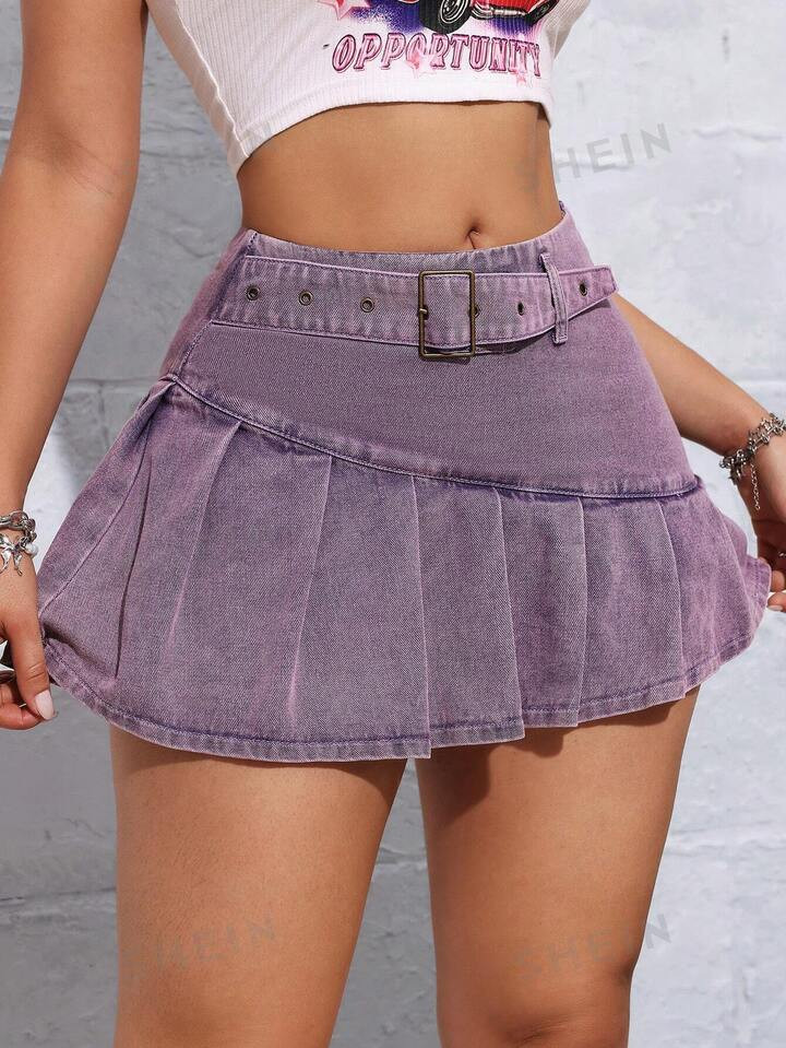 6-8%SHEIN ICON Raw Hem Pleated Denim Skirt300+ sold recentlyGBP£11.99Buy more save more | SHEIN