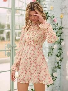 Button Half Ditsy Floral A-line Dress | SHEIN