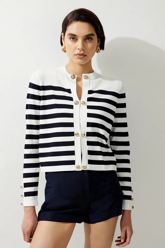 Viscose Blend Rib Knit Military Trim Striped Cardigan | Karen Millen UK + IE + DE + NL