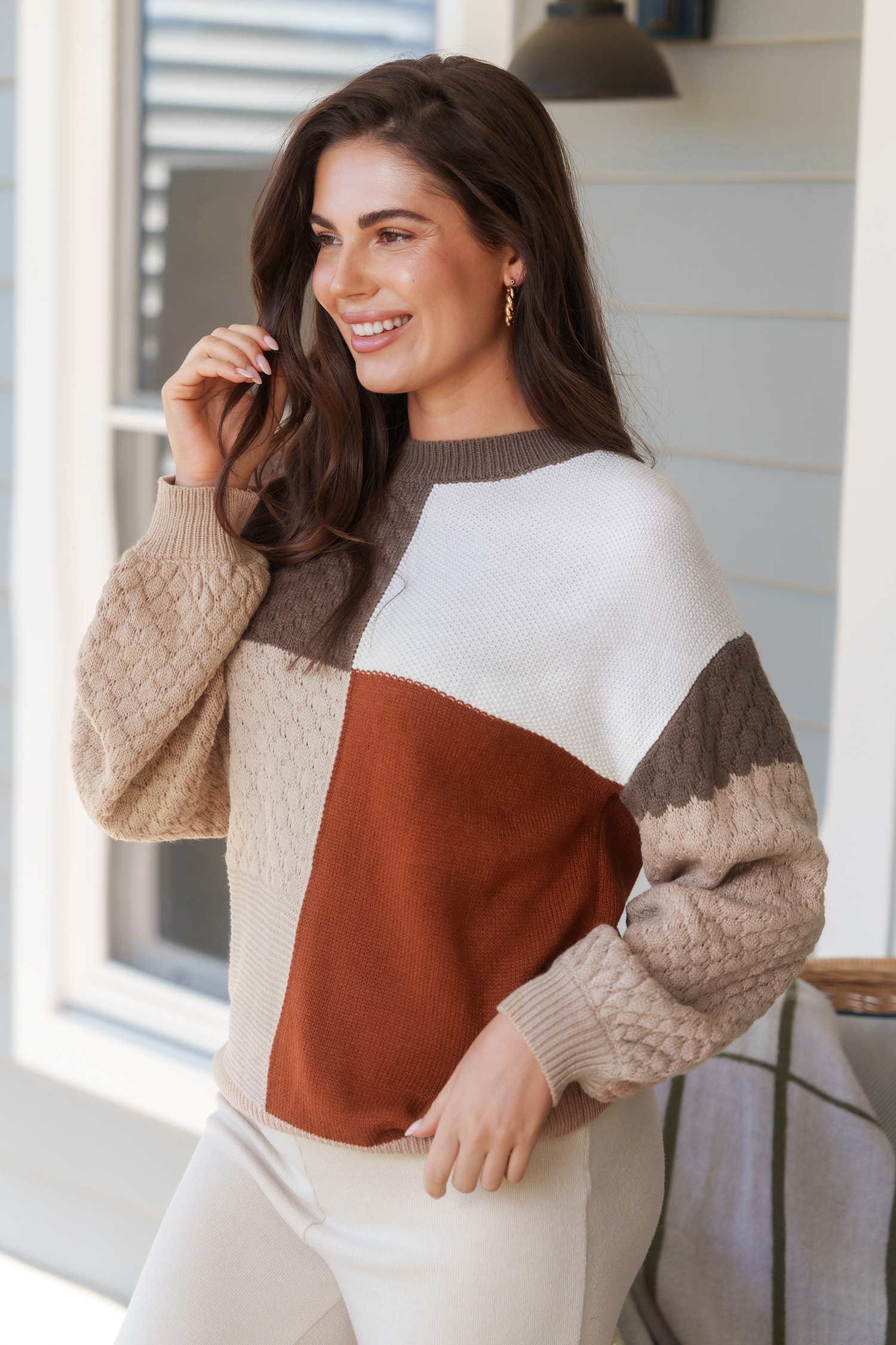 Checkered Colorblock Long Sleeve Sweater - M | Cupshe US