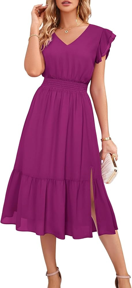 GRACE KARIN Women's V Neck Ruffle Sleeve Summer Dress 2024 Split Flowy Tiered Midi Dress Wedding ... | Amazon (US)