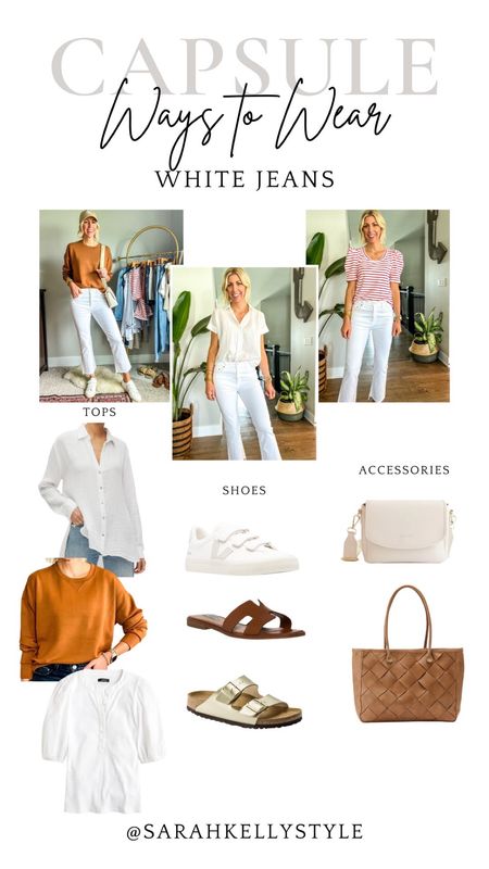 Ways to wear summer capsule wardrobe white denim jeans by adding a sweatshirt, white button down, puff sleeve top and sandals or sneakers and a handbag

#LTKFind #LTKSeasonal #LTKstyletip