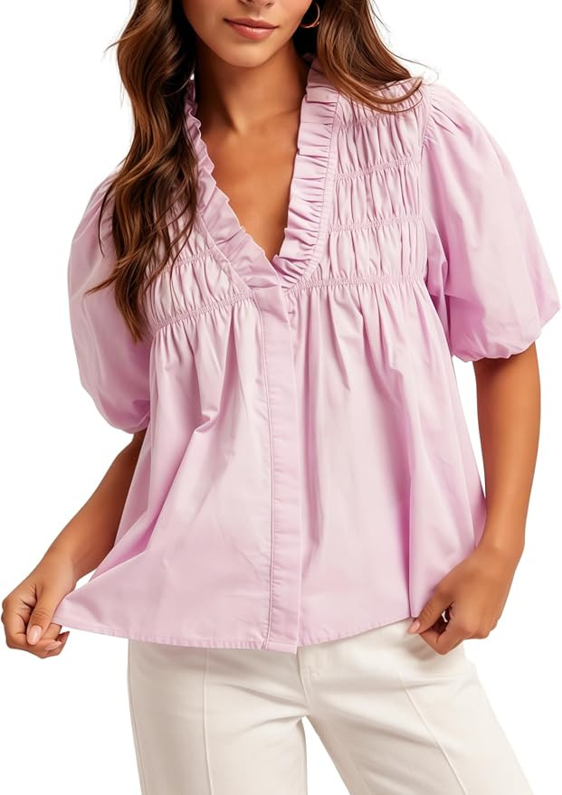 Esmeling Women Puff Short Sleeve Blouse Ruffle V Neck Smocked Top Loose Fit Flowy Summer Shirt | Amazon (US)