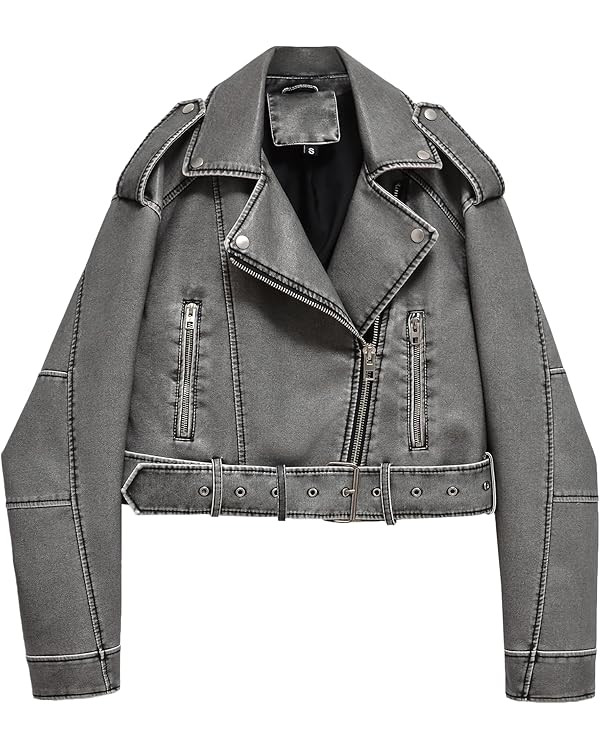 LY VAREY LIN Women Faux Leather Cropped Jacket Lapel Zipper Biker Short Coat with Belt | Amazon (US)