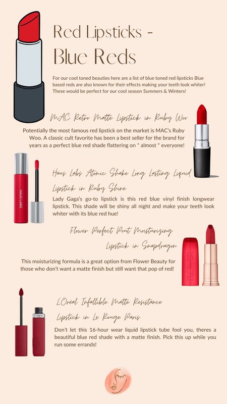 Blue red lipsticks for cool seasons. Winter lipstick. Summer lipstick. Summer seasonal palette. Winter seasonal palette. Red lipsticks

#LTKSeasonal #LTKfindsunder50 #LTKbeauty