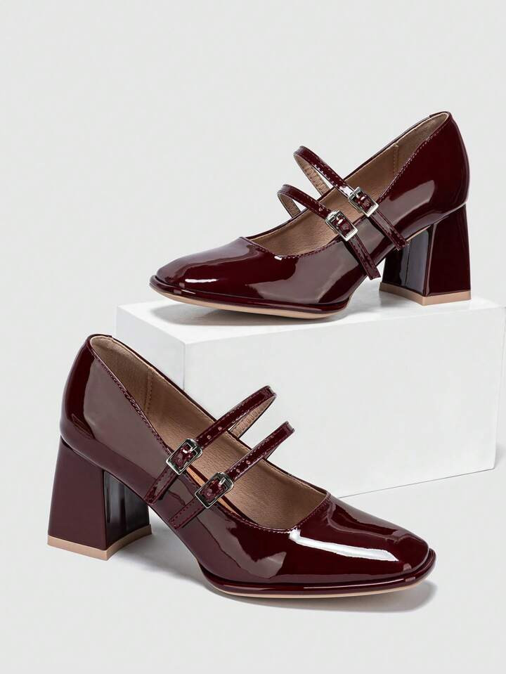 Mulheres Fashionable & Confortável Afivelado Dedo Do Pé Quadrado Mary Jane Sapatos De Salto Alt... | SHEIN